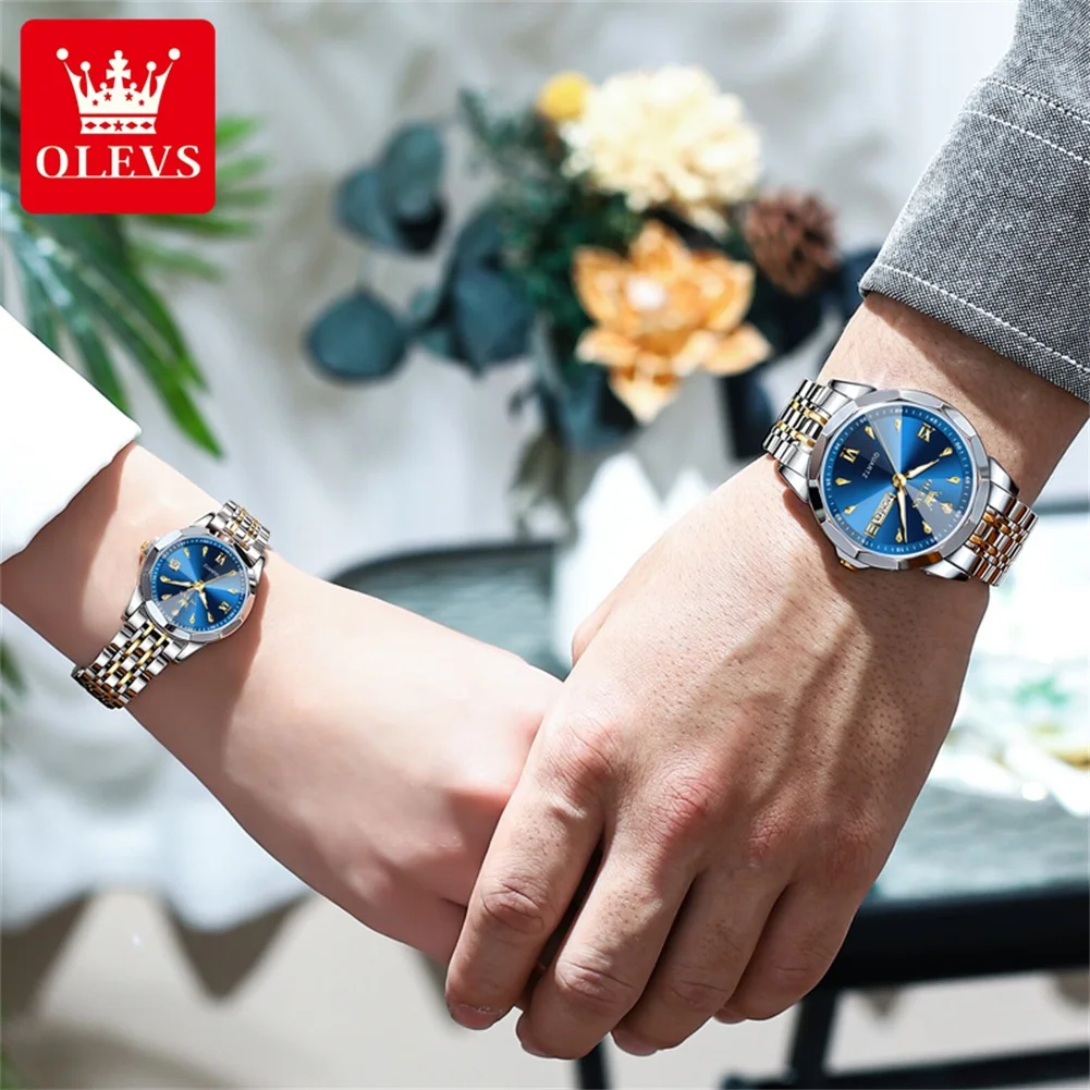 OLEVS 9998 rombo espejo moda cuarzo pareja reloj para hombres mujeres de acero inoxidable fecha reloj de mano luminoso relojes impermeables