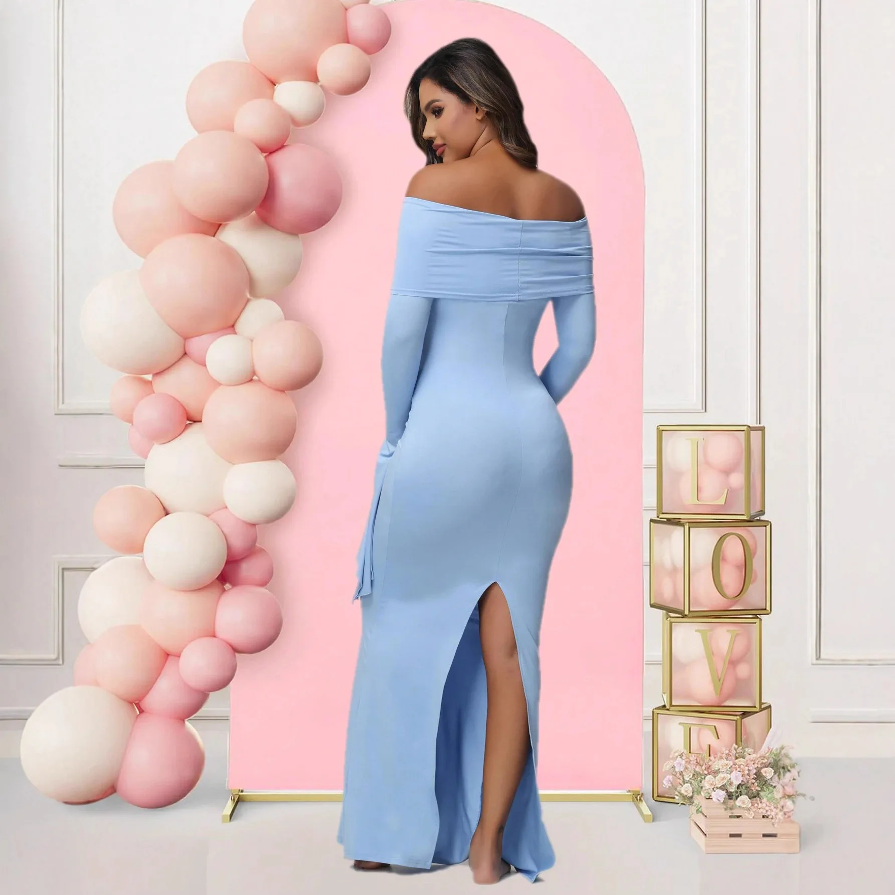 European Maternity Gown Off-the-Shoulder Photography Dress with Flared Sleeves Bodycon Slit Hem Baby Shower Youth Pregnancy
