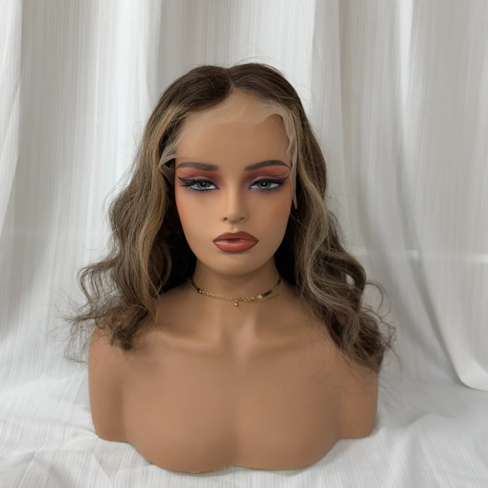 Ombre Chocolate Brown Curly Wave Human Hair Wig with Dark Roots Highlighted 13x4 HD Lace Frontal Brazilian Style for Women