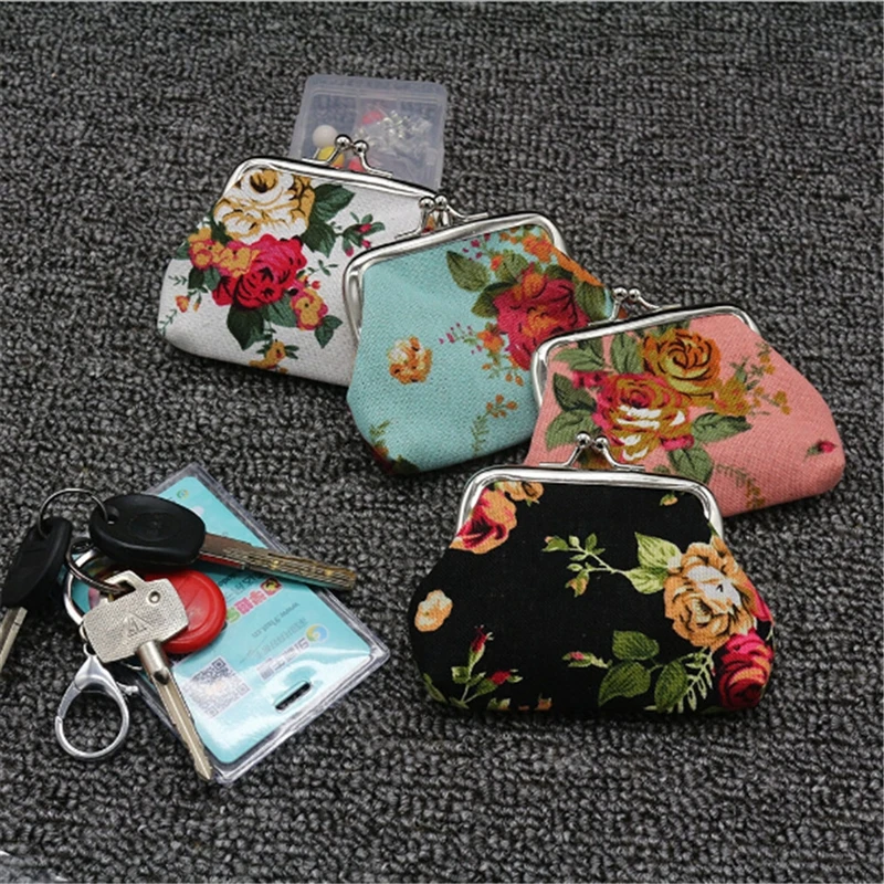 Women Coin Purse Cute Flower Print Ladies Mini Bag Coin Bag Two Metal Button Pocket Coin Pouch Key Credit Card Holder