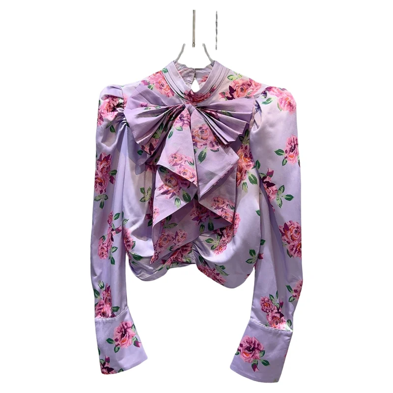 

Faionable Knot Collar Flower Print Bubble Sve irt Women's French Sle Polyester Casual Slim Fit Top
