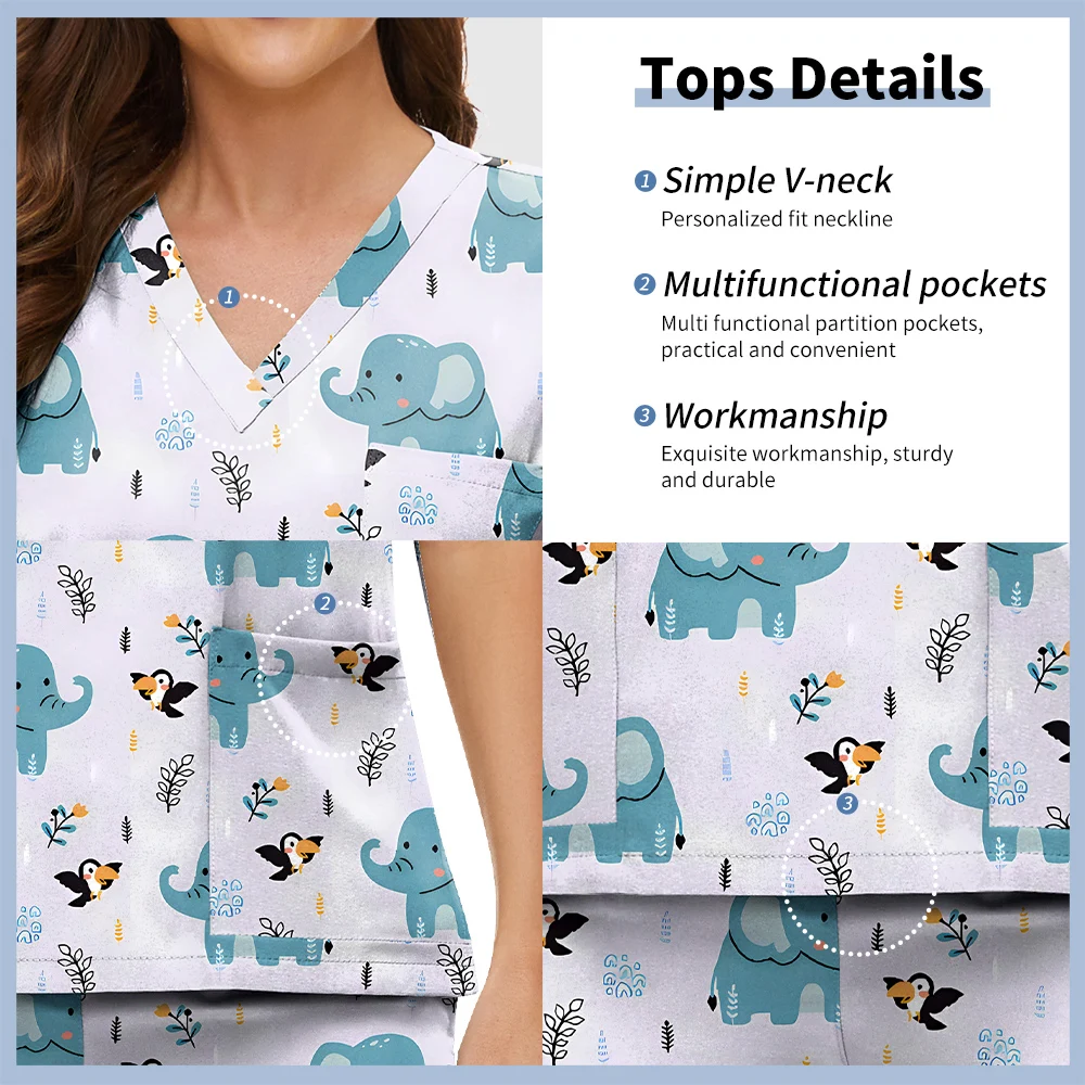 Printed Pet Grooming Doctor Workwear Set Nurse Medical Uniform Operating Room Surgical Work Clothes Short Sleeve Elastic Vet Set