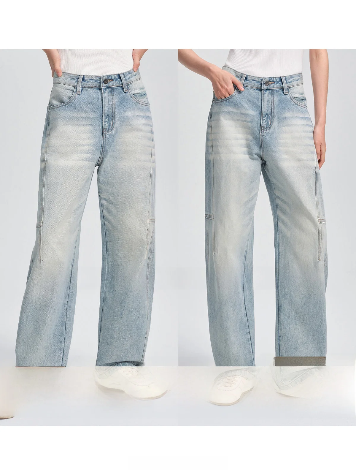 

Loose Women's Jeans High Waist Straight Leg Slimming Trousers Spring New Sle Knee-Point 3D Pred Line Casual Denim Jeans