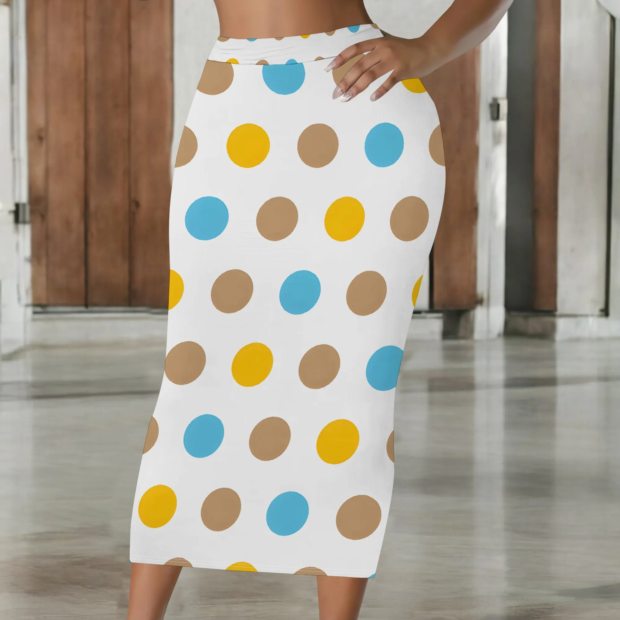 Polka Dot Pencil Skirt, Colorful Dots Midi Skirt, White Base Bodycon Skirt, Elastic Waist Office Wear, S-2XL