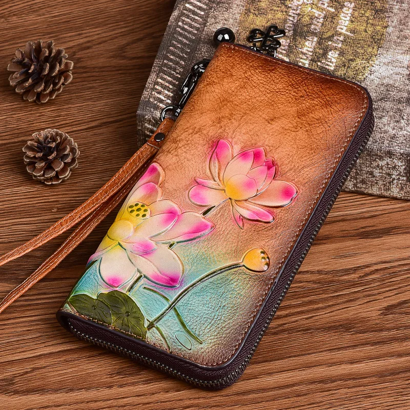 Purse Woman Chinese style long small hand bun top layer cowhide zipper mobile phone bag embossed retro wipe color coin purse