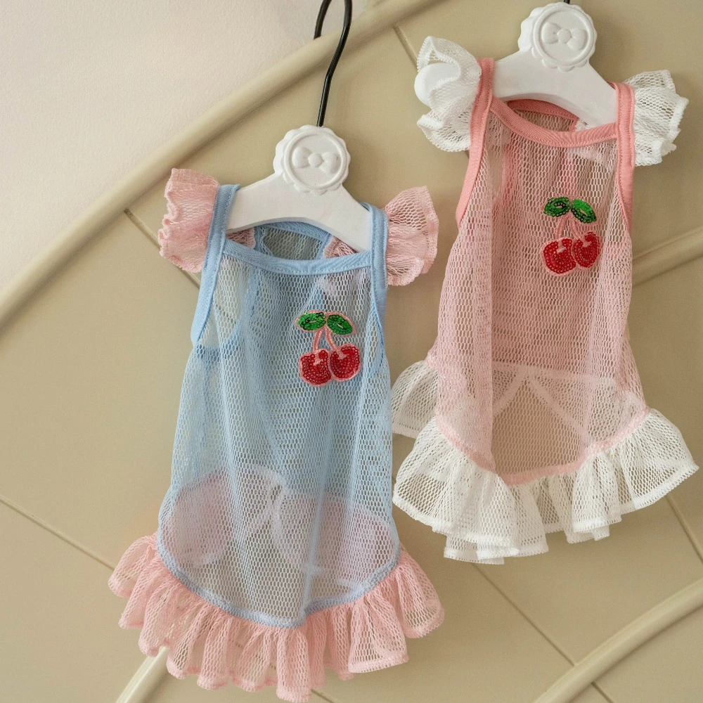 Soft Cute Girl Style Princess Dress Blue Pink Contrasting Color Embroidered Cherry Pattern Decoration Pet Cat Small Dog Clothes