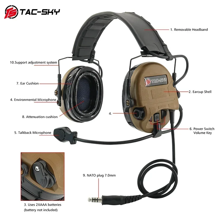 TAC-SKY New Electronic Hearing Protection Pickup Noise Canceling Shooting Tactical Headset, Silicone Earmuffs + Silynx 2-Pin PTT