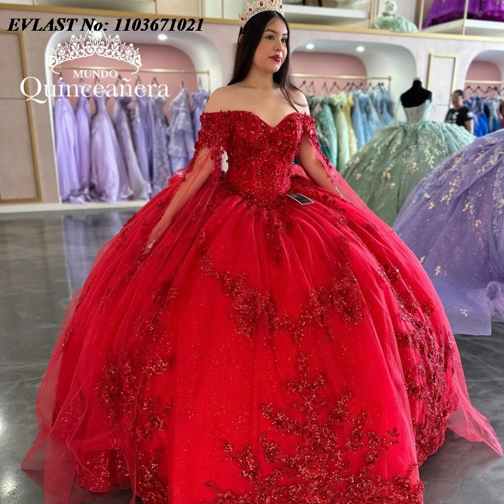 

EVLAST Sparkly Red Quinnceanera Dress Ball Gown Sequins Lace Applique Beading Cape Corset Sweet 16 Vestidos De 15 Anos SQ703