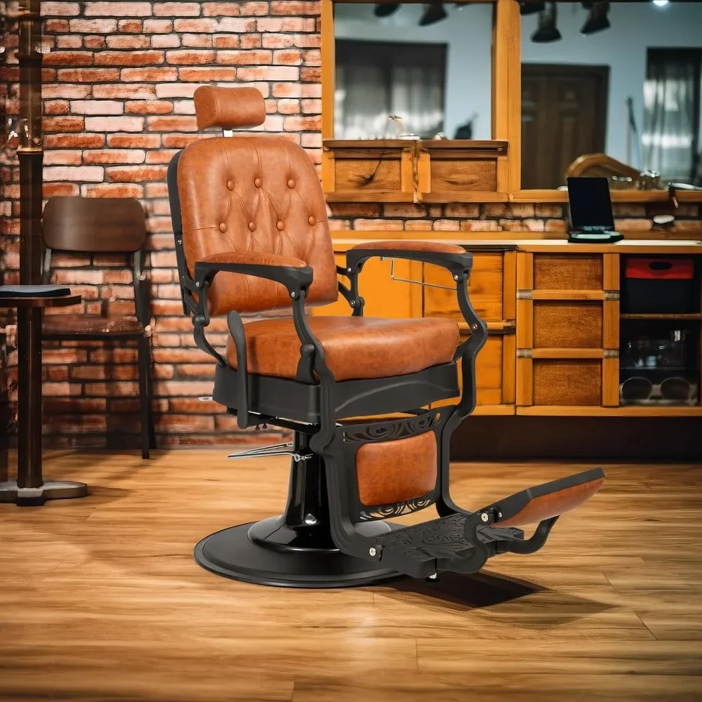 

Heavy Duty Vintage Tilt Barber Chair Hydraulically with Headrest for Weight Up To 700 Lbs and 360° Rotation