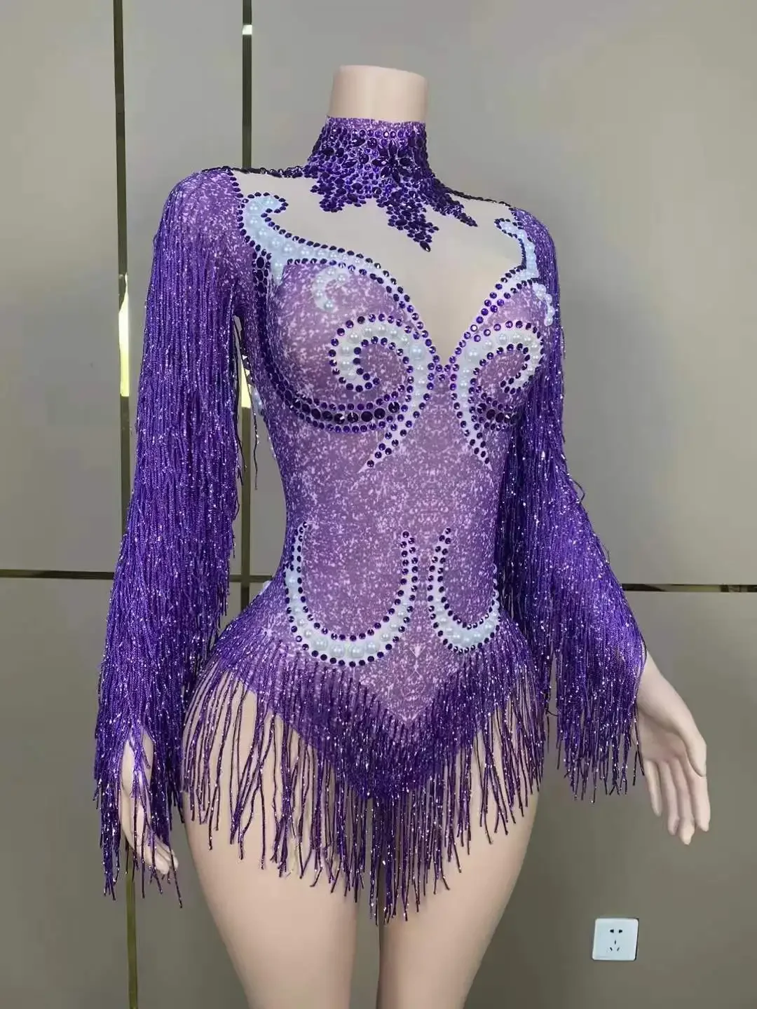 Body con frange sexy con strass per donna Vegas Showgirl Jazz Body in cristallo Party Costume da drag queen in un pezzo