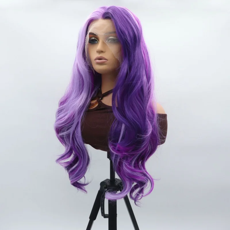 Hand-crafted lace front wig for women, middle parting, purple, large wavy long curly hair, matte high-temperature fiber, full he