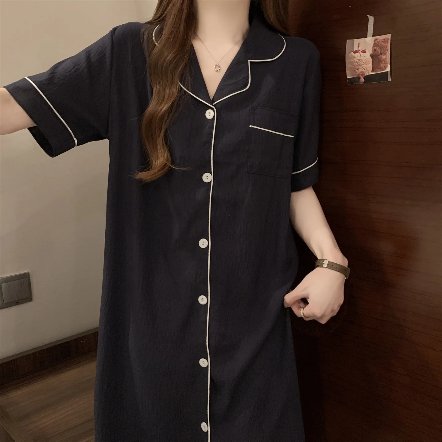 Cloud Cotton Open Cardigan Nightgown Women Summer Short Sleeve Midi Dress Simple Deep Blue Shirt Dress Home Clothes
