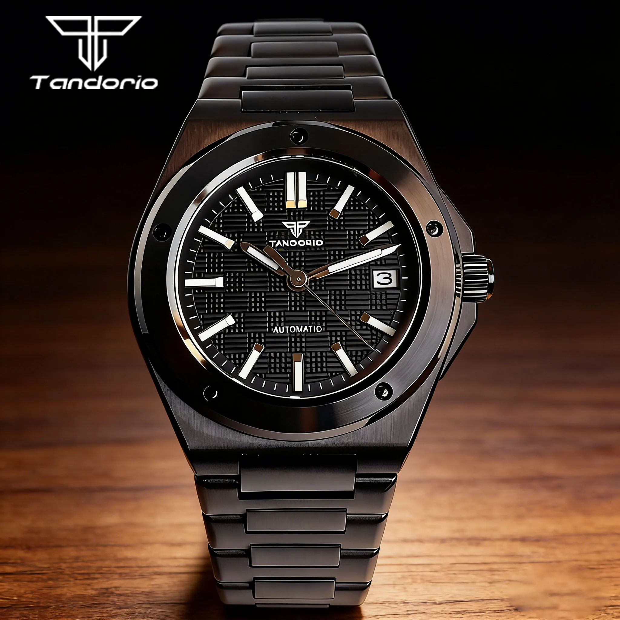 Мужские механические часы Tandorio PVD Black с сапфировым стеклом, водонепроницаемостью 10ATM, японским автоматическим механизмом NH35, светящимися метками и циферблатом из перламутра.