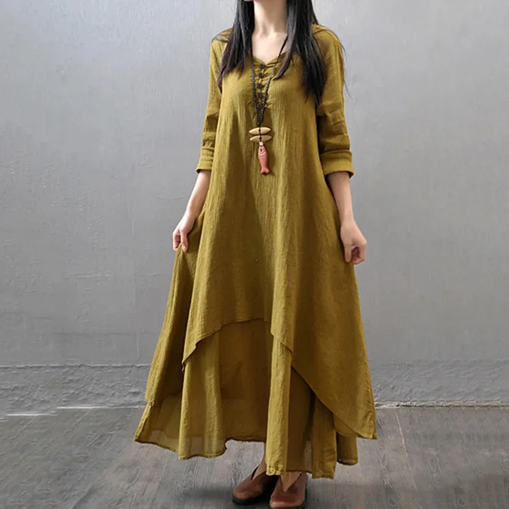 Vestido de linho feminino em camadas vintage robe oversized feminino primavera usar solto manga longa vestidos bohemia vestido casual (m 3xl)