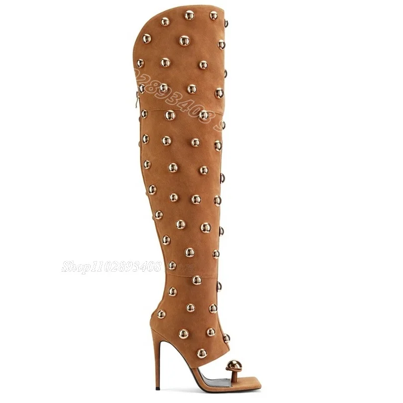 Brown Rivet Decor Stiletto Flip Flops Square Toe Back Zipper Summer Casual Design for Women Dress Shoes 2024 Zapatos Para Mujere