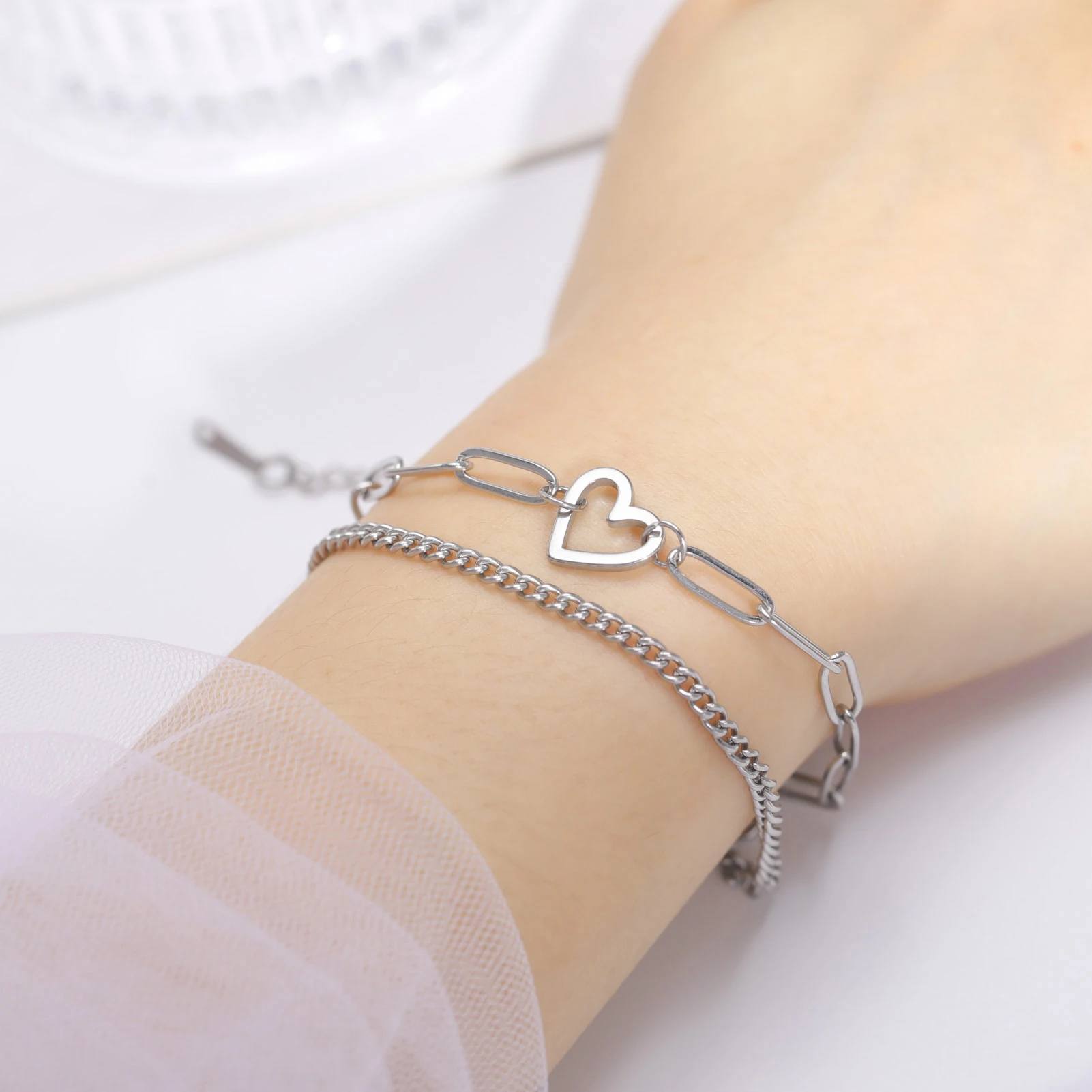 Heart Pendant Bracelet Paper Clip Chain Bracelet Stainless Steel Double Chain Bracelet for Women Couple Jewelry for Party Gift