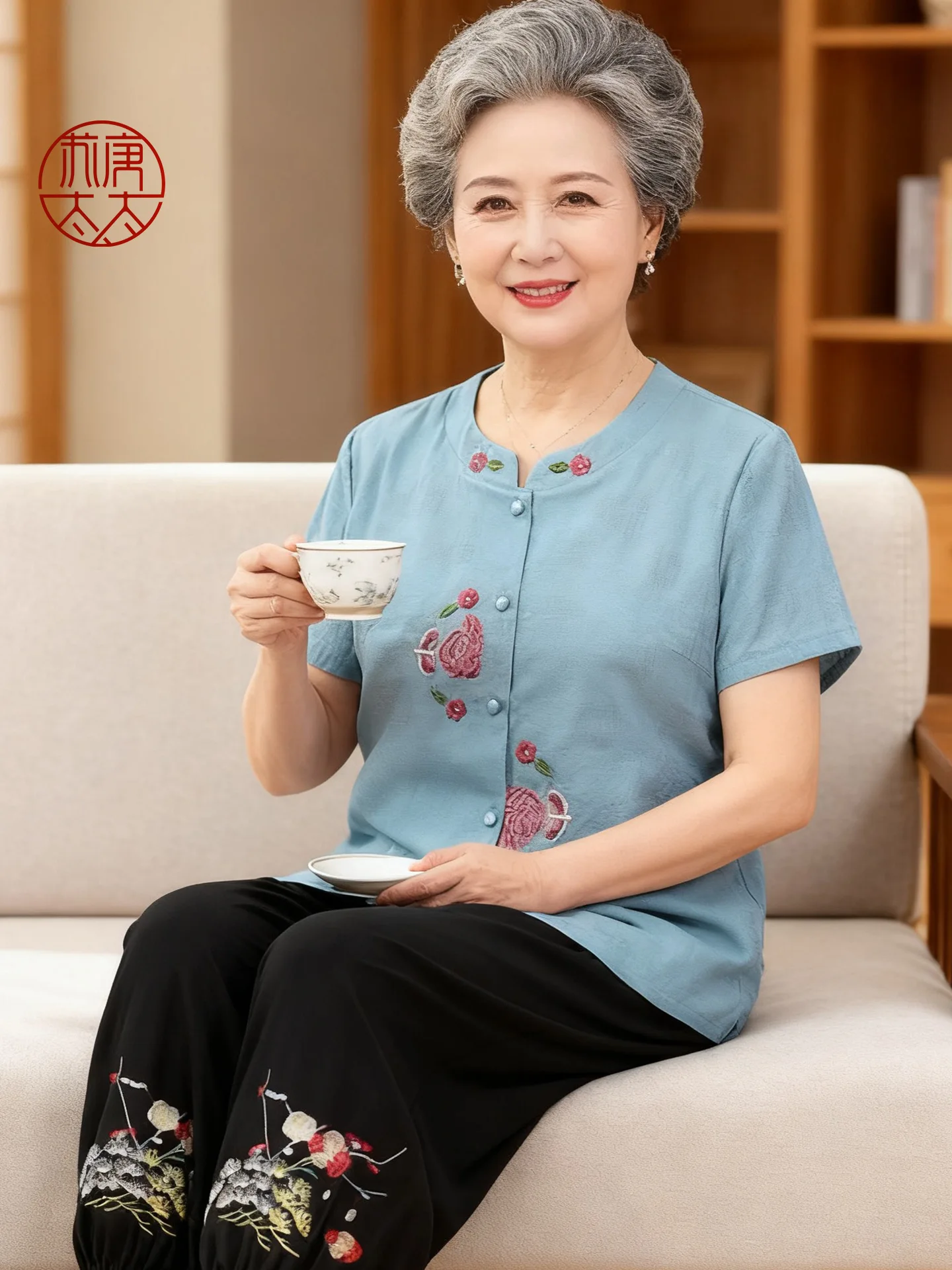 

Grandma Summer Outfit Pure Cotton Linen Loose Short Sleeve Top And Bottoms Set Comfortable Breathable Ethnic Style Elderly Wo...