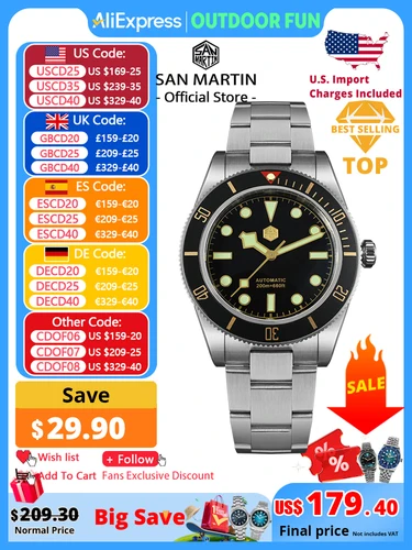 Imagen 1 del producto San Martin nuevo 40mm BB58 Retro Reloj de buceo de lujo NH35 relojes mecánicos automáticos para hombres zafiro luminoso 20Bar Reloj SN0008