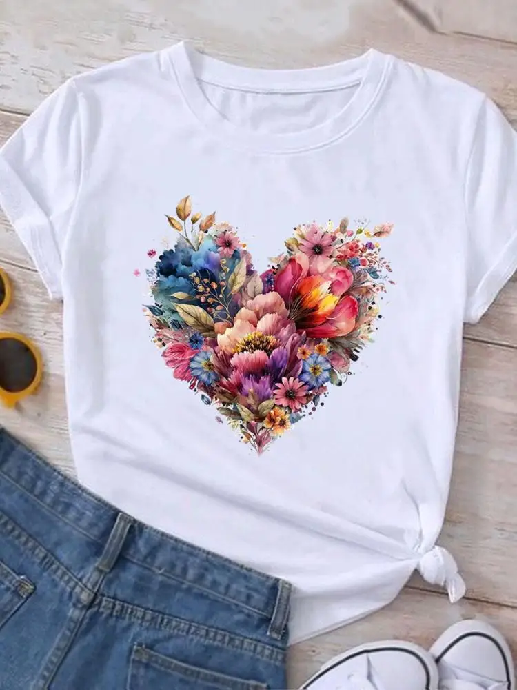 Camiseta con estampado de mariposa y flores para mujer, Top de manga corta a la moda, ropa informal