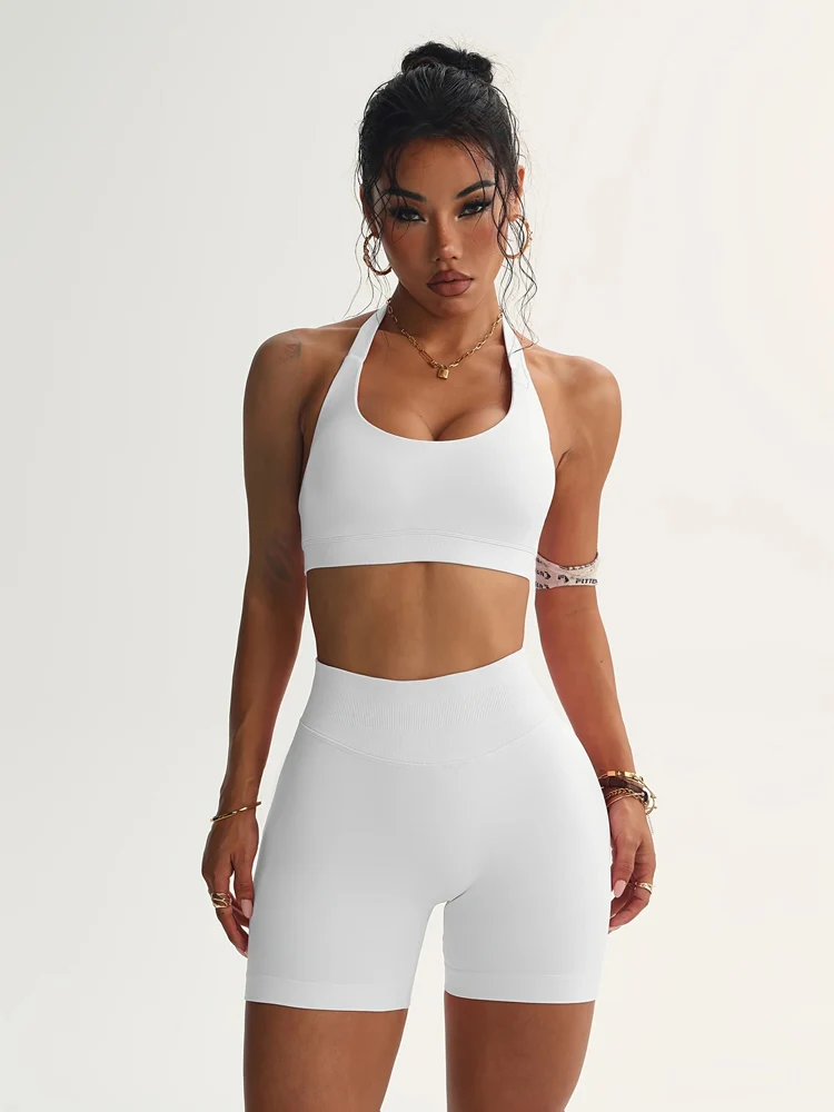 

Seamless Yoga Set 2 PCS Sports Suit Female Workout Clothes Halter Sports Bra Scrunch Bum Gym Shorts Women Running Sportswear