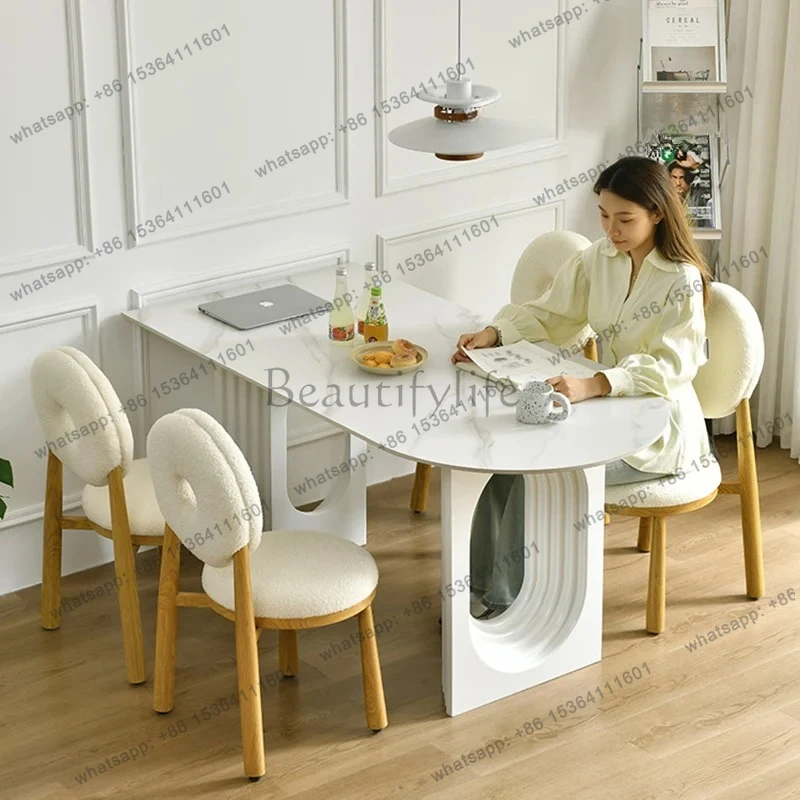 French cream style rock slab island dining table and chair combination, oval shaped household small unit