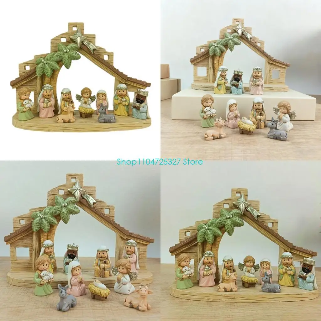 D8KF Christmas Nativity Figurines Resins Nativity Scene Statue with Stable Holy Family Statue Table Centerpieces Home Decors