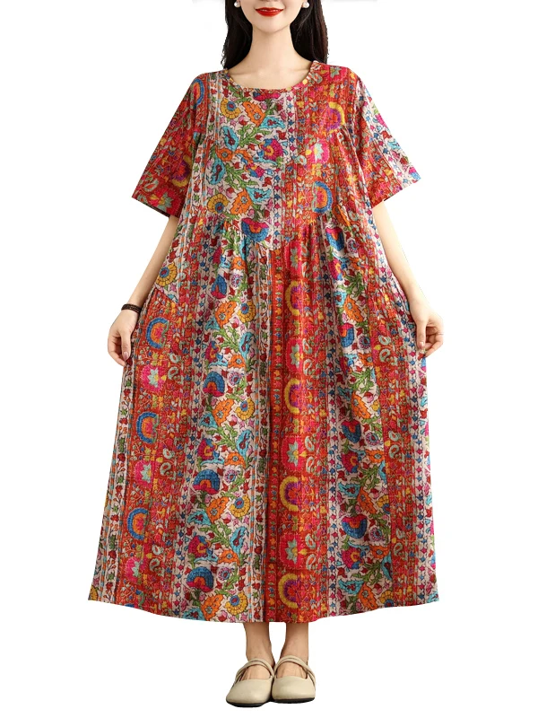 

Summer 2025 New Vintage Cotton Lin Loose Fit round Ne ket ort Sve Dr Women's A-Line Long Dr Slimming Effect