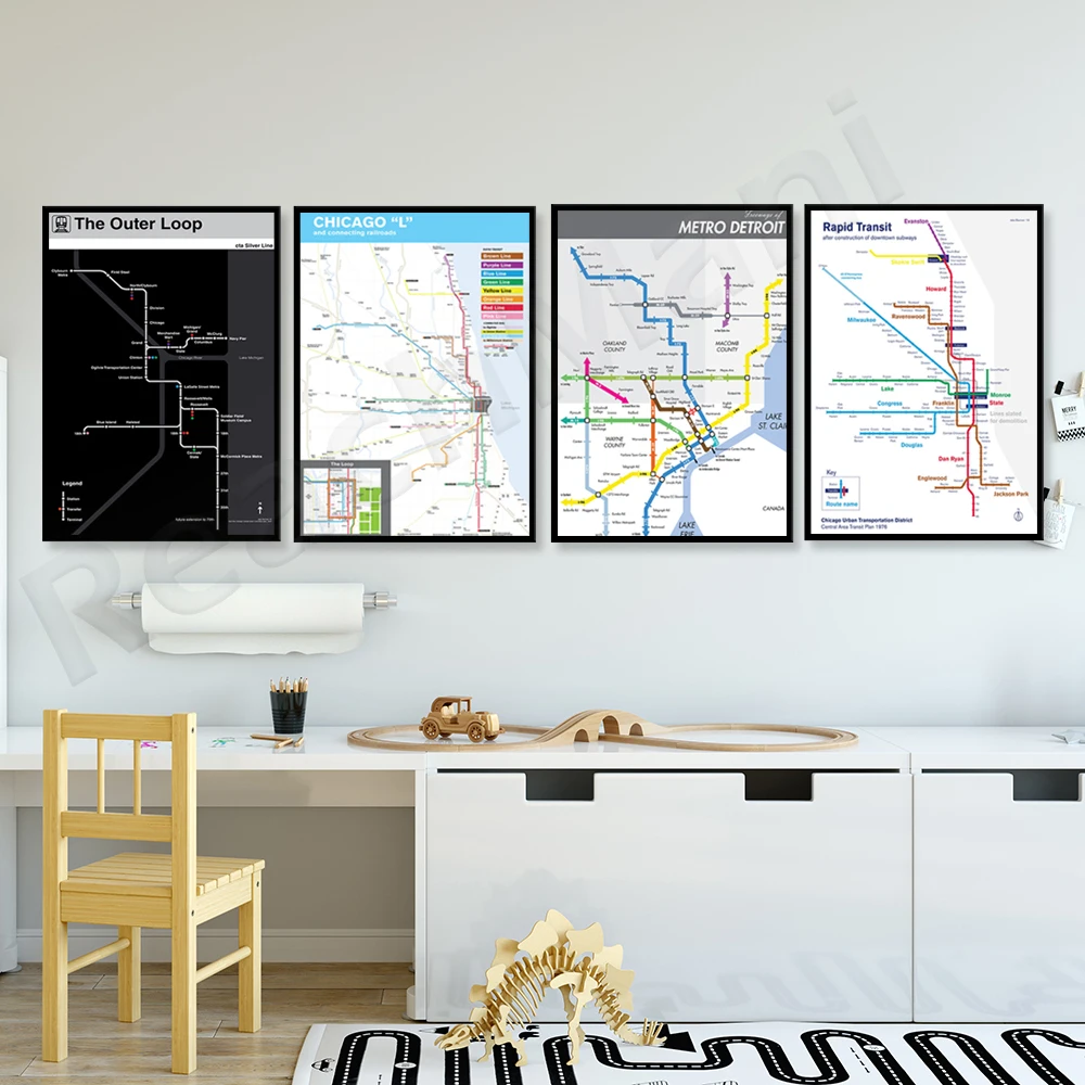 Original Detroit Freeway Map, Chicago L Outer Circle Map Plan, 2016, Original poster for the Chicago High Line and Subway