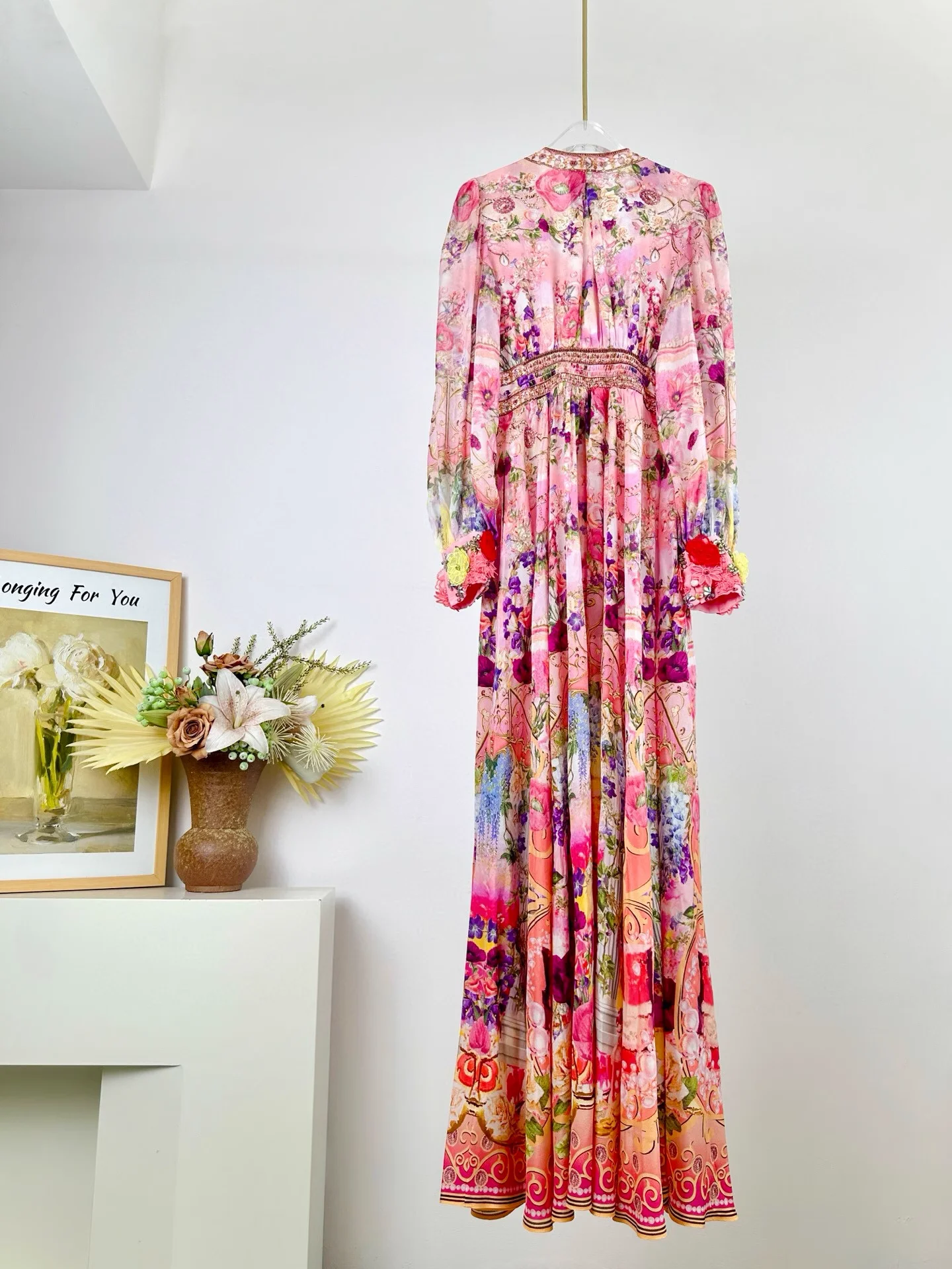 3D Flower Embroidery Women's 100% Silk Robe Floral Printed Heavy Beaded V-Neck Long Sleeve Party Ladies Long Dress
