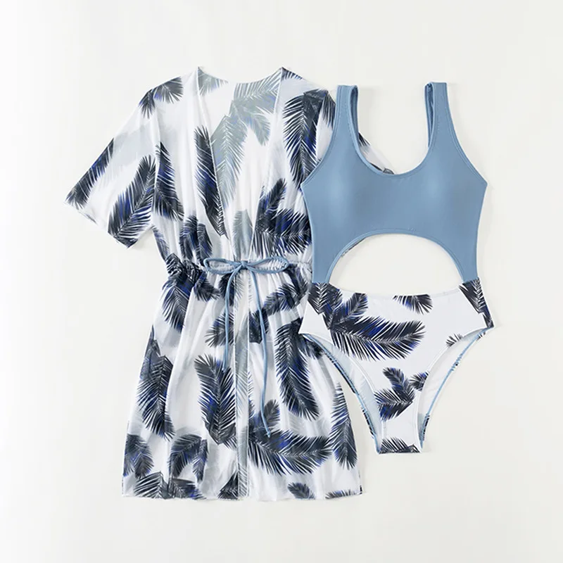 

New two-piece children's bikini for girls Leaf print cover-up sun protection swimsuit for older children