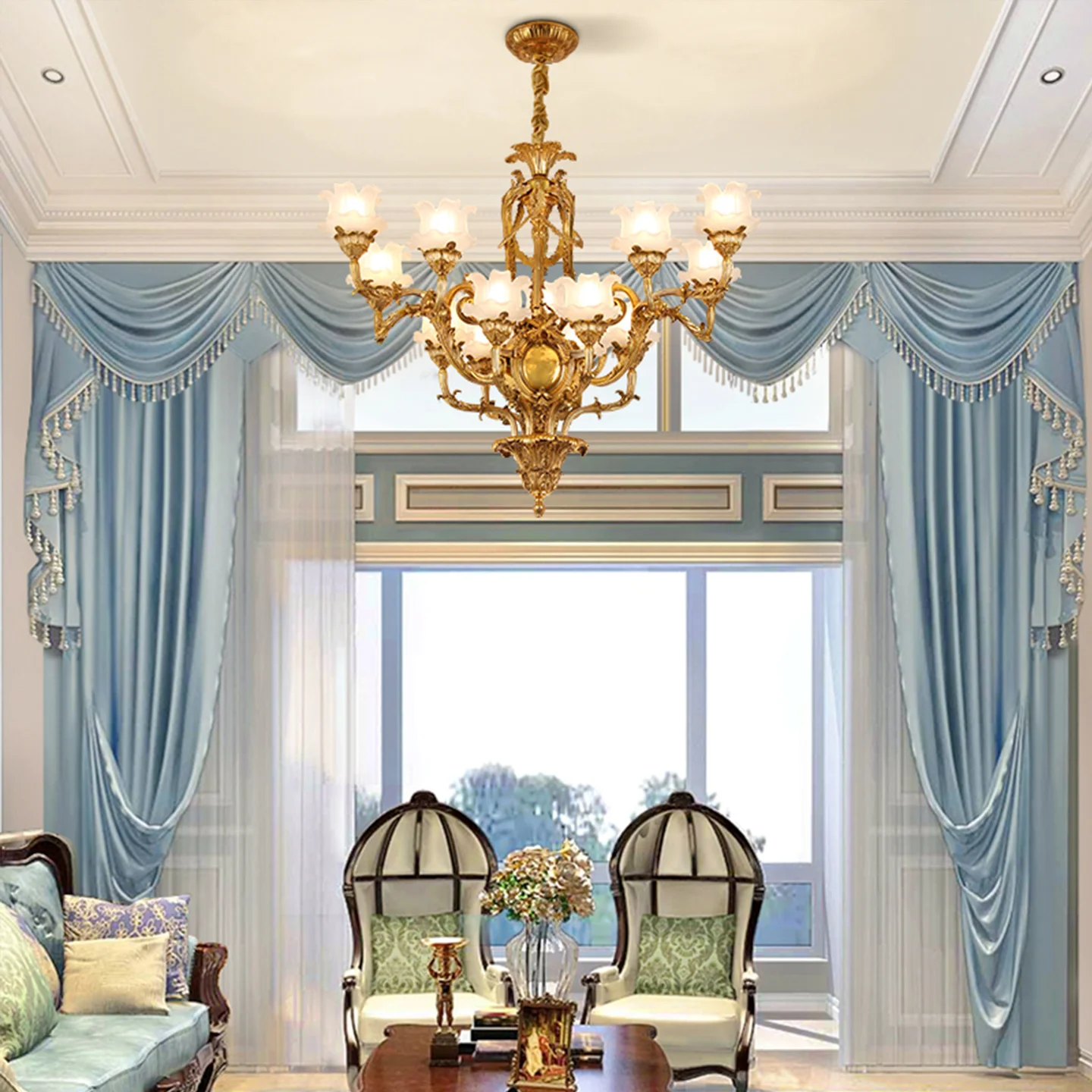 European Royal Classic Glass Flower Design Living Room Banquet Hall Decor Brass Chandelier Dining Room Study Pendant Light