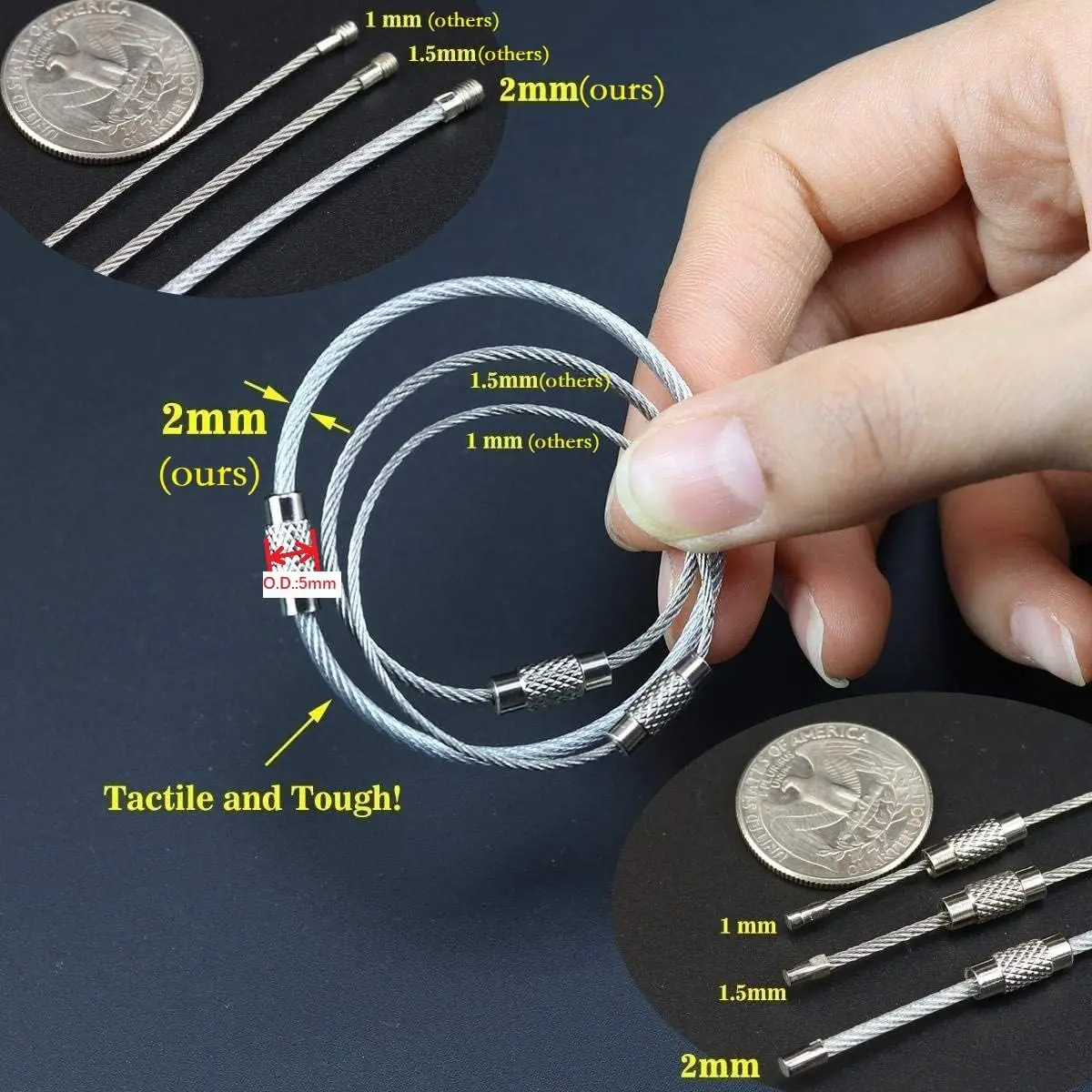 2pcs /Set Key Rings Stainless Steel Wire Keychains Cable Heavy Duty Luggage Tags Loops Tag Keepers 2mm Twist Barrel Pack Multipl