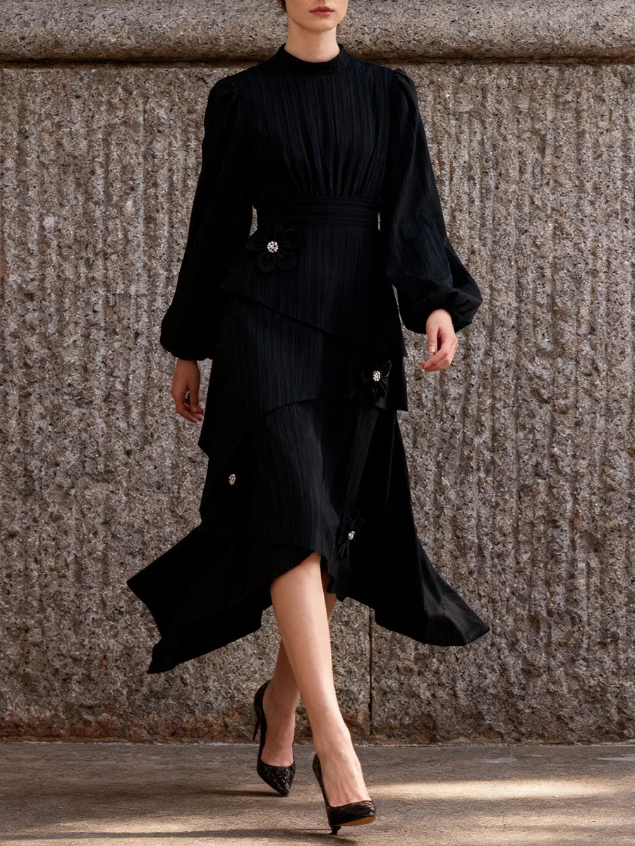 TWOTWINSTYLE فستان أسود ريترو كلاسيكي للنساء الوقوف طوق كم طويل تقسم يزين أنيقة غير النظامية فساتين متوسطة الطول الإناث