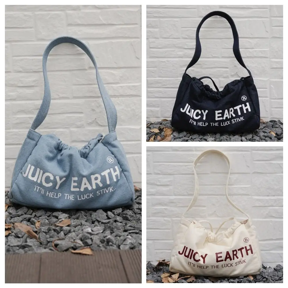 Eenvoudige Handtas Met Trekkoord Schoudertas Thaise Letter Tote Canvas Tas Draagbare Modieuze Denim Stoffen Tas Buiten