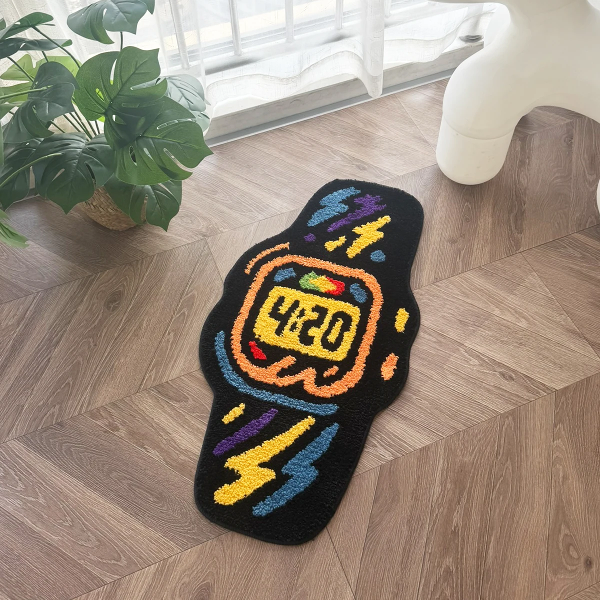 Funky 4:20 Watch Tufted Bodenteppich, klobige Flock-Graffiti-Uhrenmatte, rutschfest, coole Dekoration für 4:20-Kultur-Fans, modernes Schlafzimmer – Detail 4