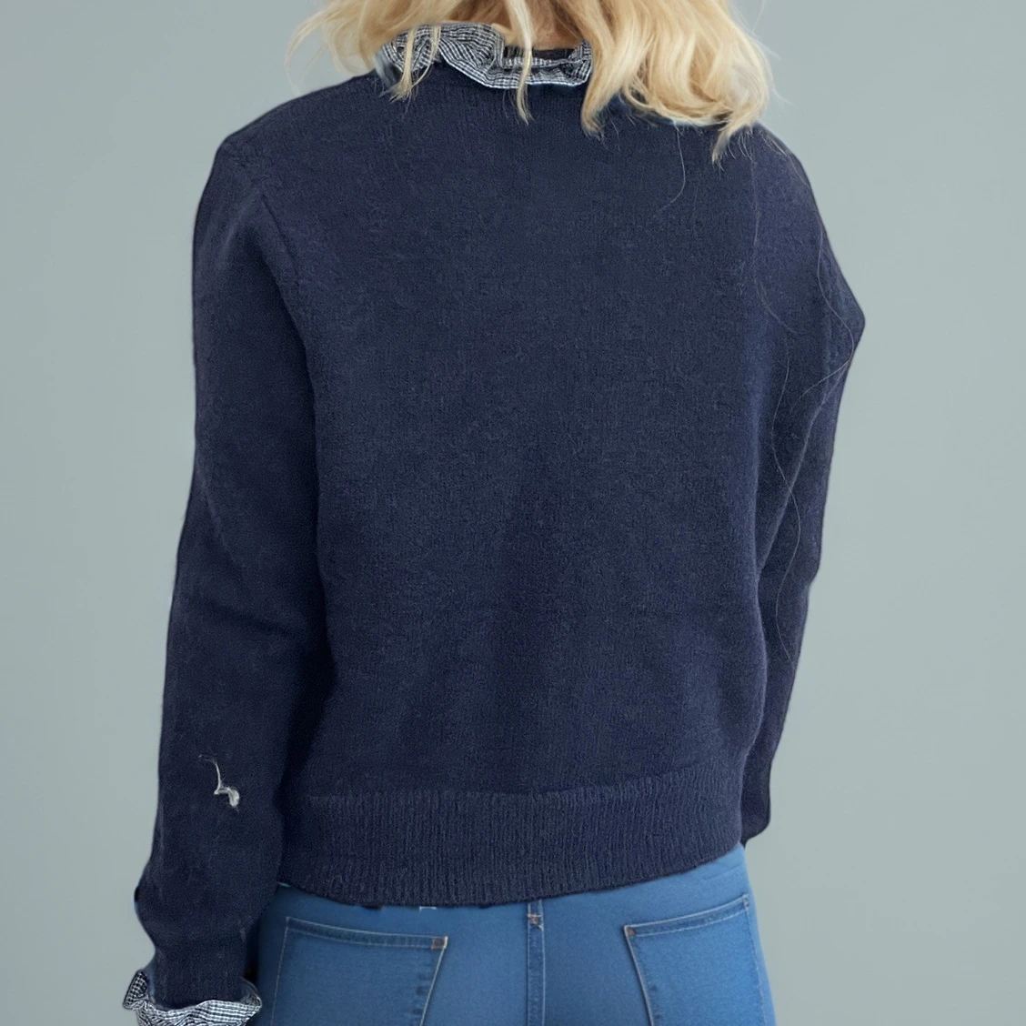 

Vintage Women's Plaid Trim Knit Cardigan Fashionable Long Sleeve Crew Neck Button Down Ruffle Sweater