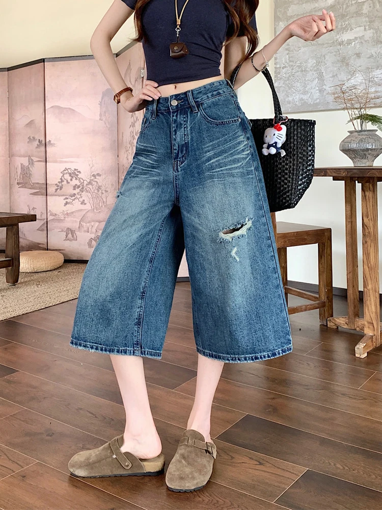 

Fashionable High Waist Wide Leg Seven Inch Jeans Women's Retro Washed Hole Summer New Style American Style Denim Pants