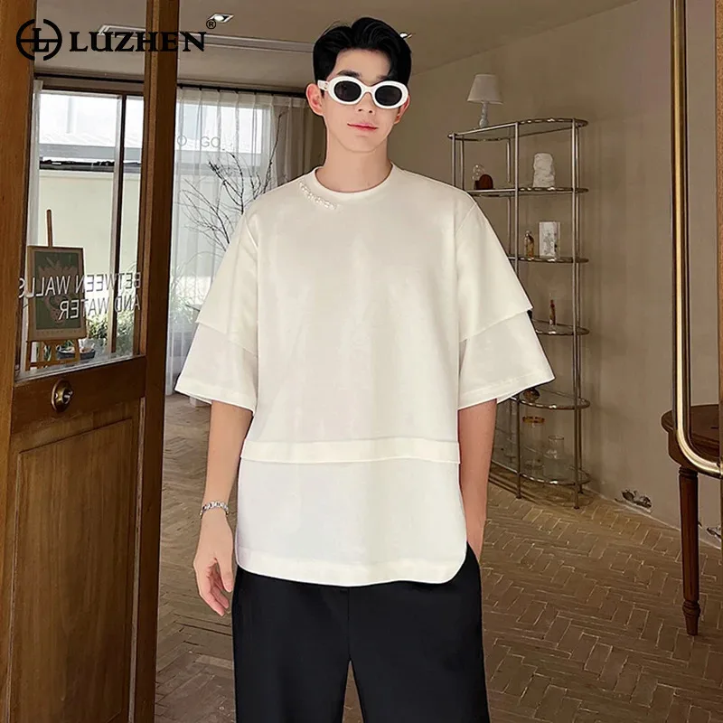 

LUZHEN Splicing Design Summer Sleeve Pearl T-shirt Short Decorate Original Stylish Street Tops Fake Two Piece Casual Male JY2585