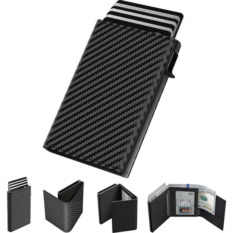 Hot Sales Men’s Wallet Pop-up Aluminum Wallets RFID Blocking Trifold Wallet Large Capacity Microfiber Oil Wax Bank Card Holders