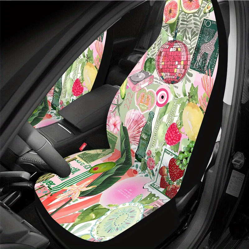 1 Set Fruits Floral Vintage Car Seat Cover Universal All-Year, 2pcs/5pcs High-Back Retro Pop Art Car Seat Covers Full Set, Unive