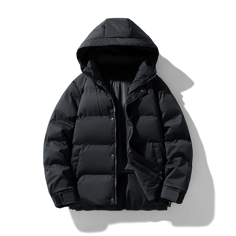 Jaquetas masculinas com capuz acolchoado de algodão, Parkas de topo grosso, casacos soltos à prova de vento, outwear quente monocromático, novo,