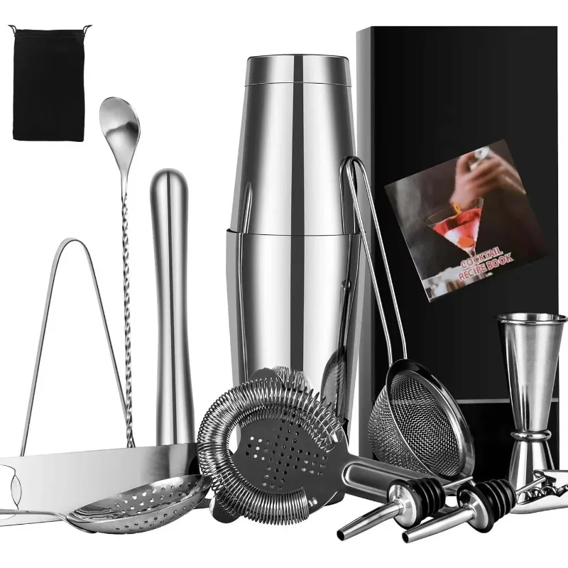 Kamo Cocktail Shaker Set 15-piece weighted Bosto-n shaker with 30/60ml piping edge for home, bar, and hotel