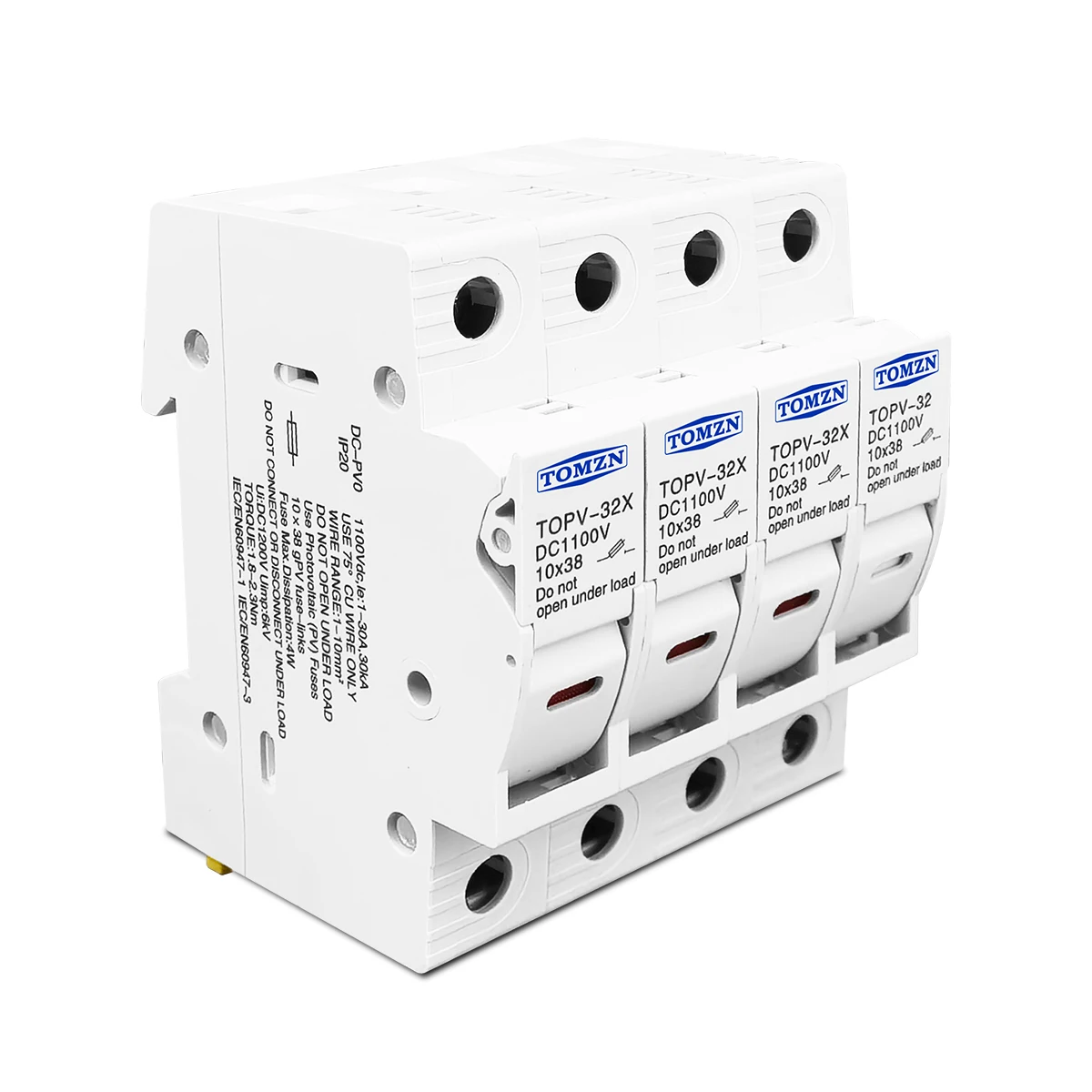 TOMZN 4P 1100V DC Fuse Holder 10*38mm High Voltage Solar PV TOPV-32 Base Photovoltaic System Protection Protector PV LED