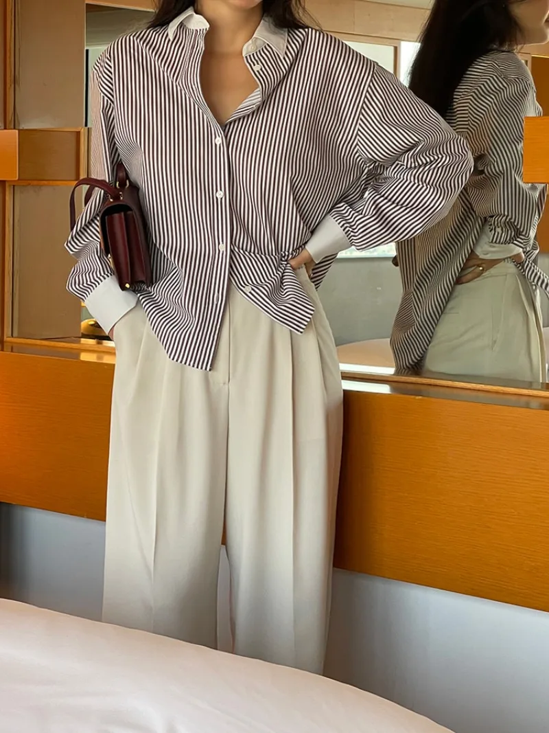 오피스 레이디 여성 블라우스 스트라이프 캐주얼 셔츠 패션 루즈 봄/여름 폴로넥 의류 긴팔 프렌치 여성 탑
