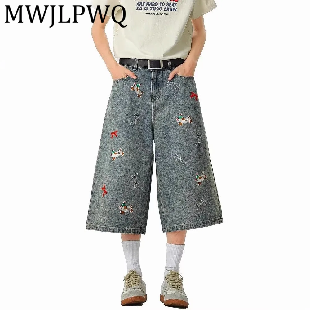 

MWJLPWQ летние уникальные джинсы с вышивкой для мужчин High Street Niched прямые брюки свободные большие размеры повседневные брюки мода 12073