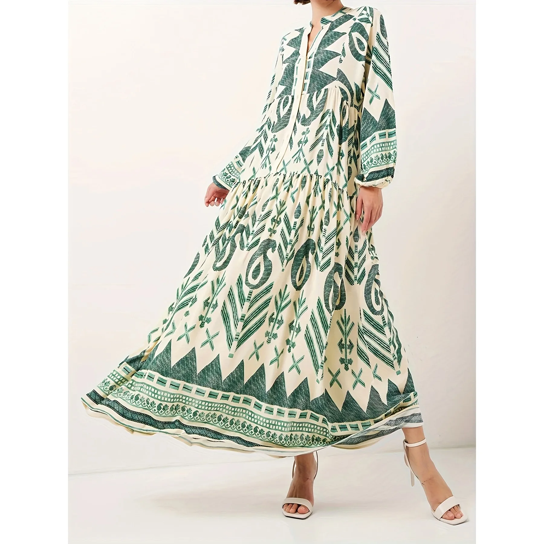 Women's Green Printed Open Abaya Maxi Dress V Neck Loose Fit A Line Button Front Elegant Moroccan Caftan Muslim Woman Abayas