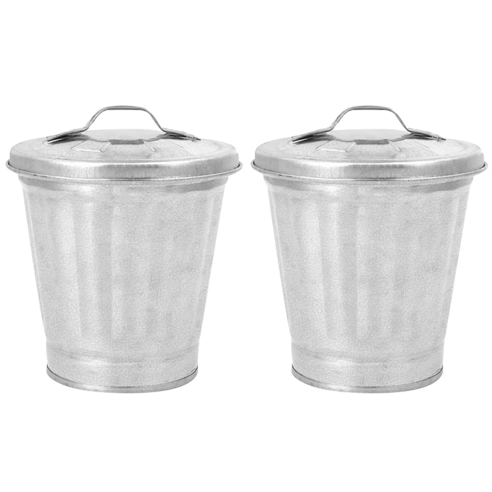 

2 Pcs Small Flowerpot Mini Trash Buckets Bins Galvanized Iron with Lid