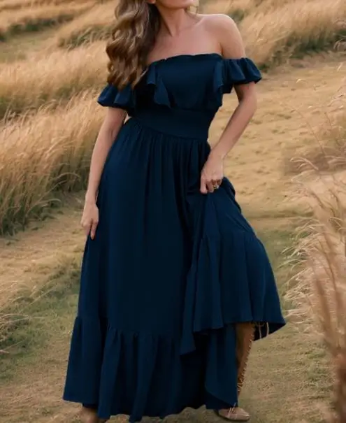 

2025 Retro Square Neck Off Shoulder Dress, Fashionable and Slim Fit, Elegant Pleated Edge, Solid Color Long Skirt, A-Line Dress