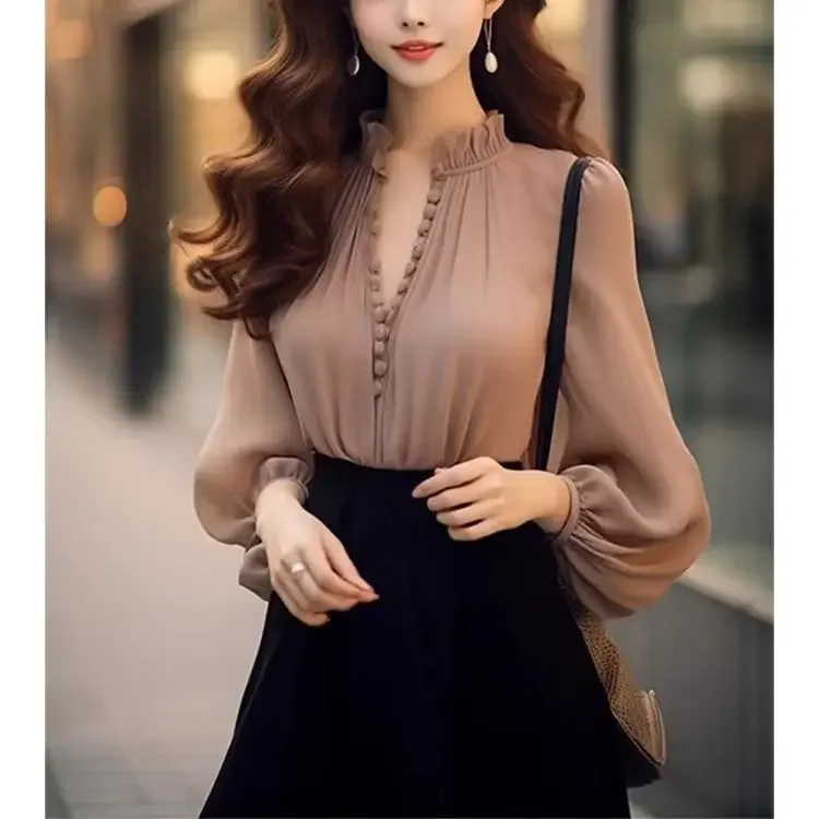 

Spring and Autumn High End Luxury Celebrity Design with Ruffle Edge Deep V-neck Panel Button Loose Oversized Women's Shirt E636