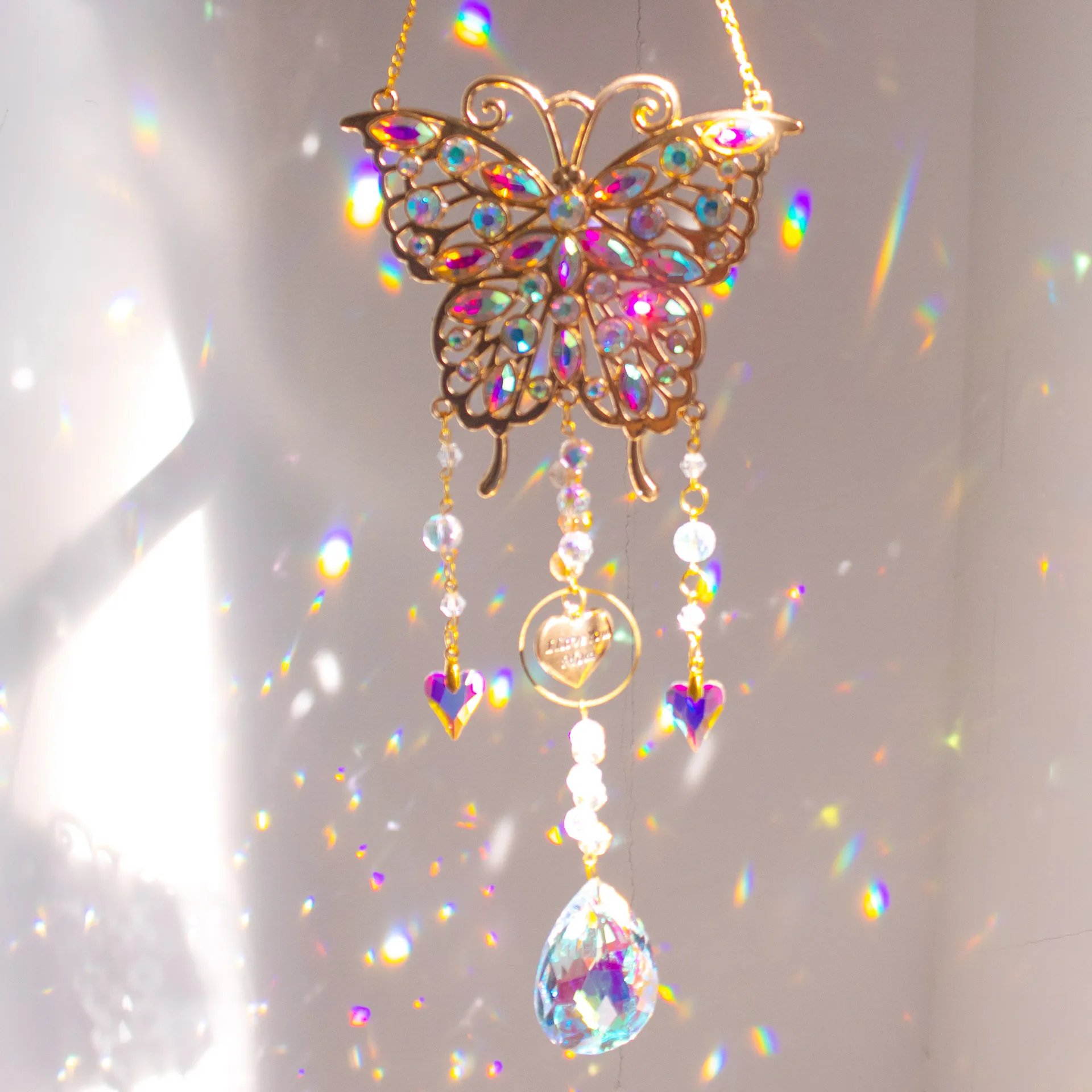 Butterfly Sun Catcher with Prisms, Sparkling Crystal Wind Chime for Garden Window, Rainbow Maker Gift for Mom Christmas